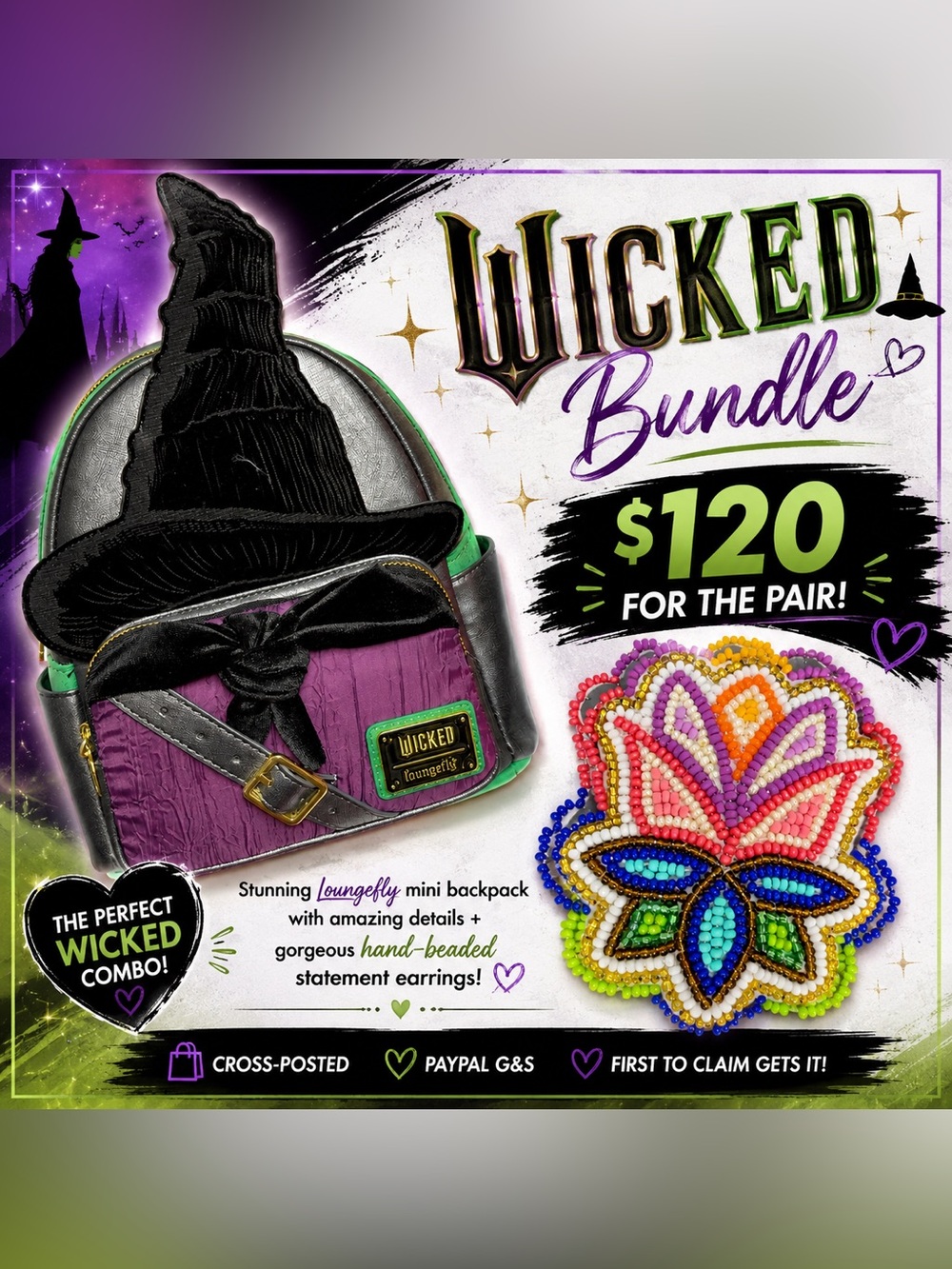 Loungefly Purple, Black & Green Wicked Mini Backpack + Beaded Floral Earrings